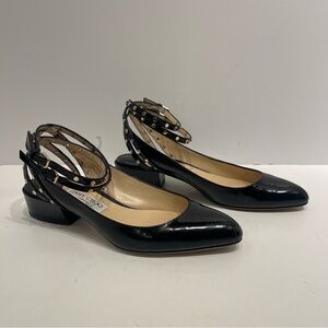 Jimmy Choo Black Patent Studded Ankle Strap Block Heel Pumps EU 38.5 US 8.5
